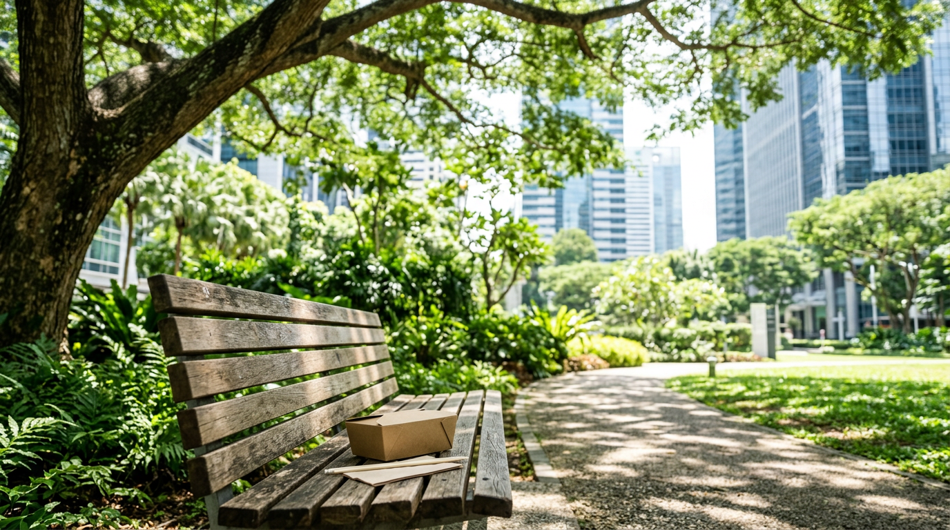 A takeaway lunch box on a shaded park bench among CBD office towers