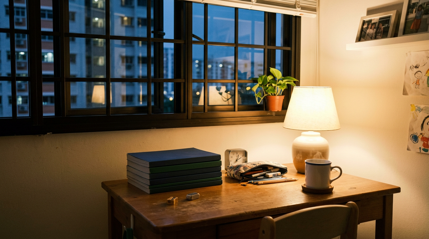 A child’s study desk at dusk with assessment books, a lamp and a mug of warm milk