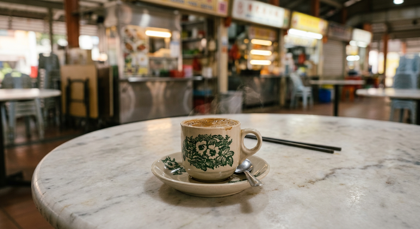 A steaming cup of kopi on a marble table in a quiet hawker centre