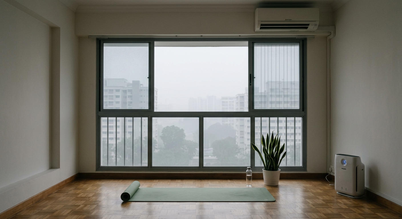 A yoga mat rolled out by a closed window with grey haze outside