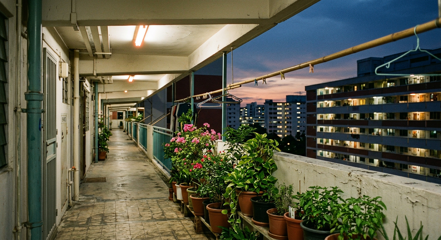 An HDB corridor at dusk lined with potted plants and laundry poles