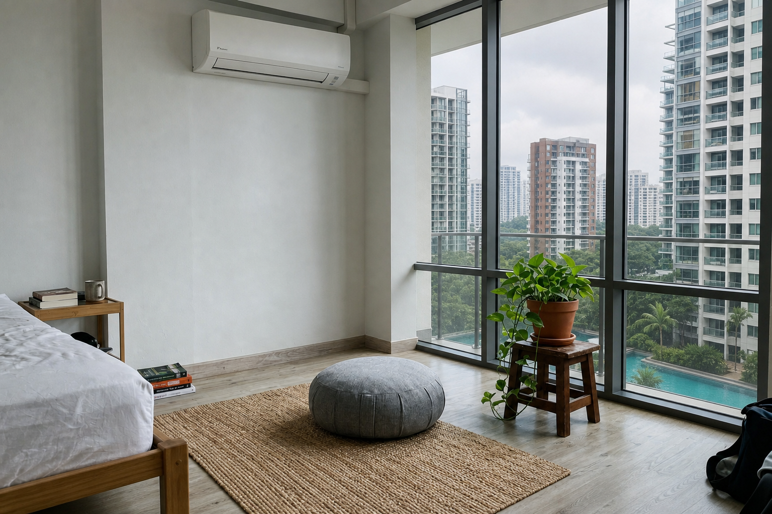 A meditation cushion in a condo bedroom beneath the air-conditioner, glass towers and a pool deck outside