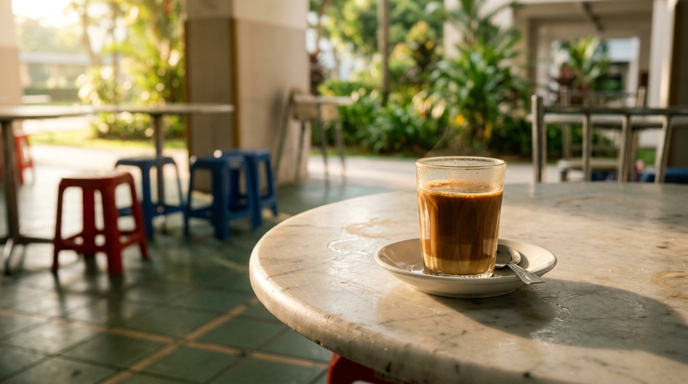 A glass of kopi on a marble table at a void-deck coffee shop in early morning light