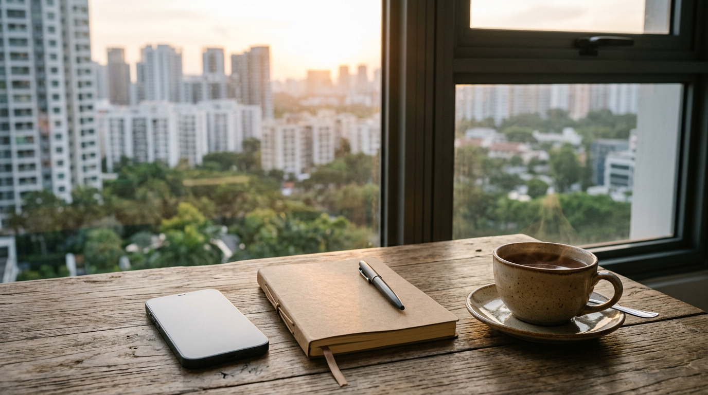 A phone face down beside a closed notebook and a cup of tea by a high-rise window