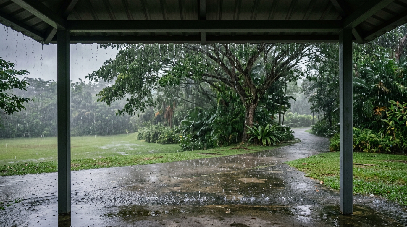An afternoon downpour seen from under a park shelter, rain trees and wet footpath
