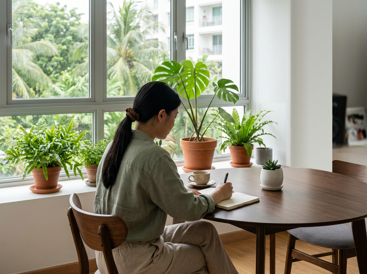 Rennie writing a reflection in a notebook at a round wooden table, a cup of tea beside her, with potted plants on the windowsill and Singapore apartment blocks and trees in the morning light outside