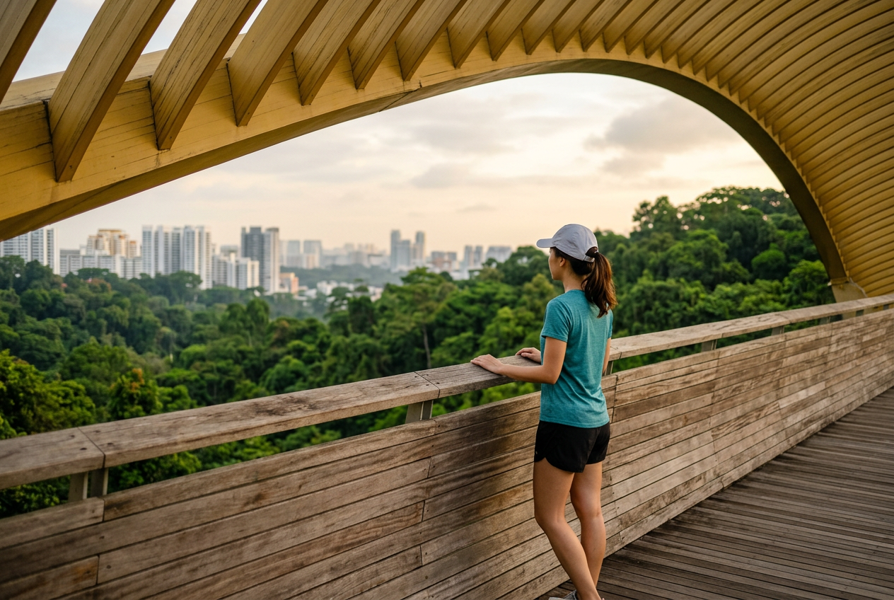Rennie, seen from behind, resting her hands on the wooden rail of Henderson Waves under its curved timber ribs, looking out over the treetops towards the city skyline.